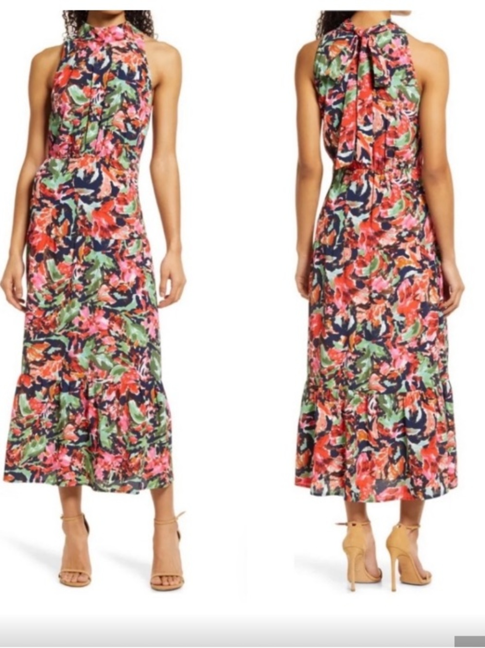 Sam Edelman Navy Floral Halter Maxi Dress with Coral & Green Accents